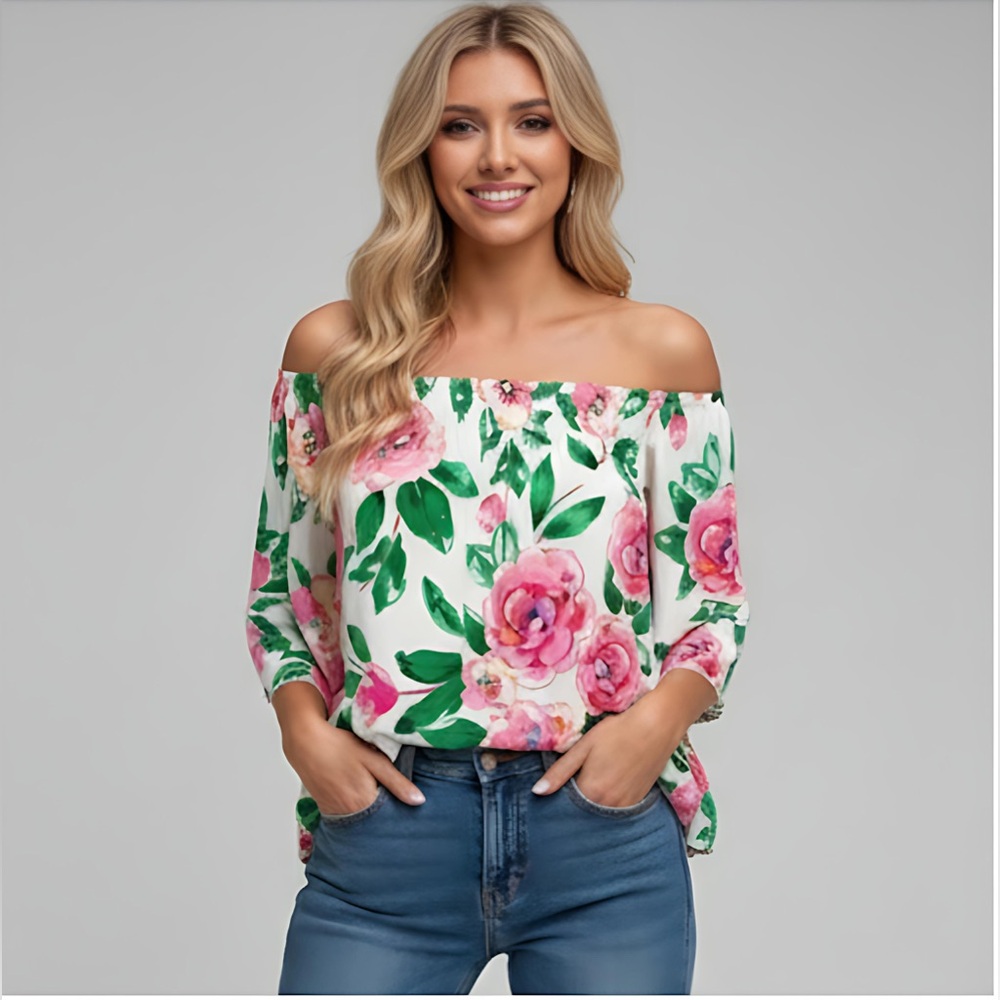 Floral Print Shirred Off Shoulder Flounce Sleeve Blouse